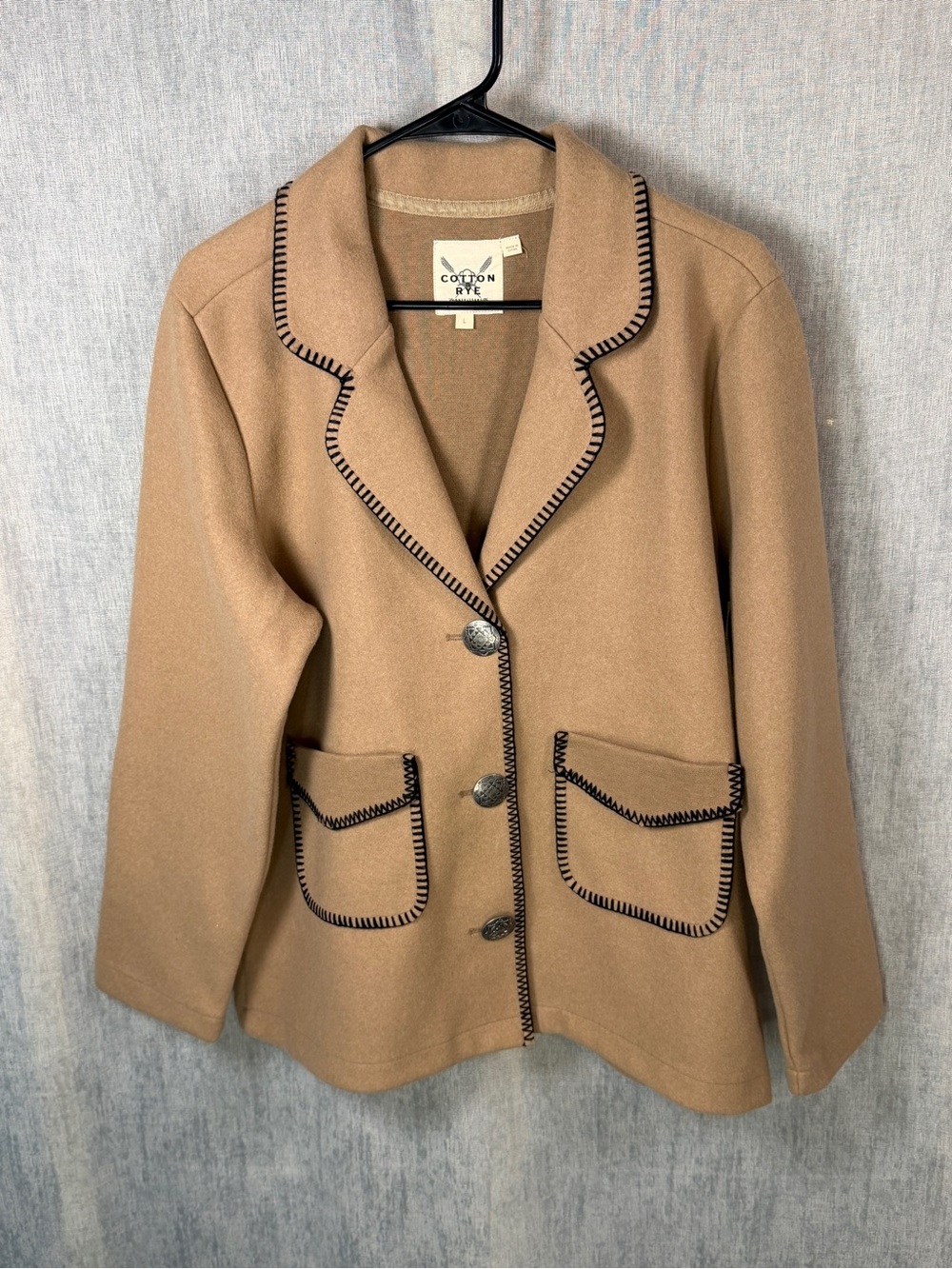 Stunning NWT Cotton & Rye Tan Stitch Trim Blazer Jacket Cardigan L Western Boho
